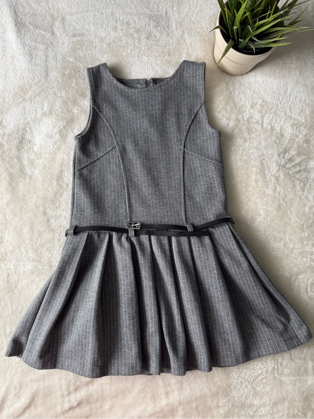 Zara Grey Pleated Formal Dress with Slim Black Belt